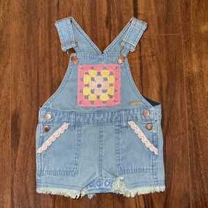Tahari Baby Denim Granny Square Crochet Shortall Romper 12M Boho Cottagecore